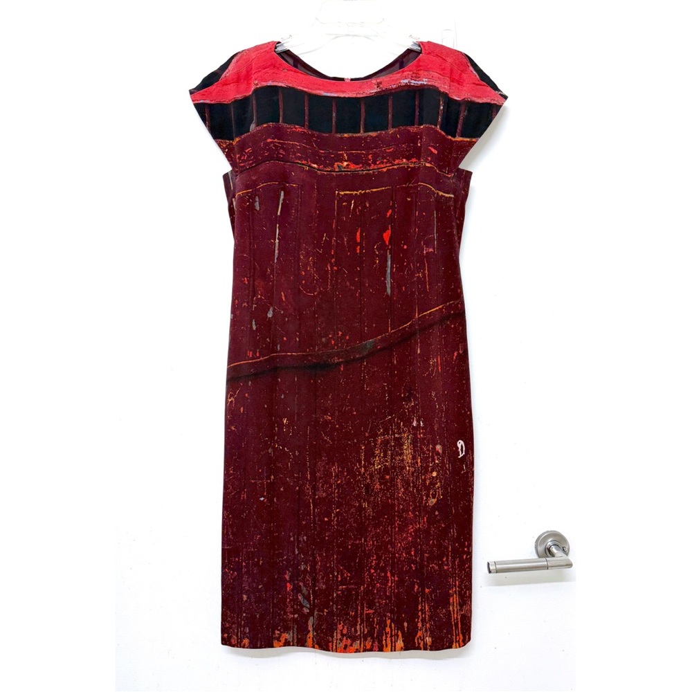 Akris Red Wooden Door Wall Print Silk Sheath Dress Cap Sleeve Colorblock 8